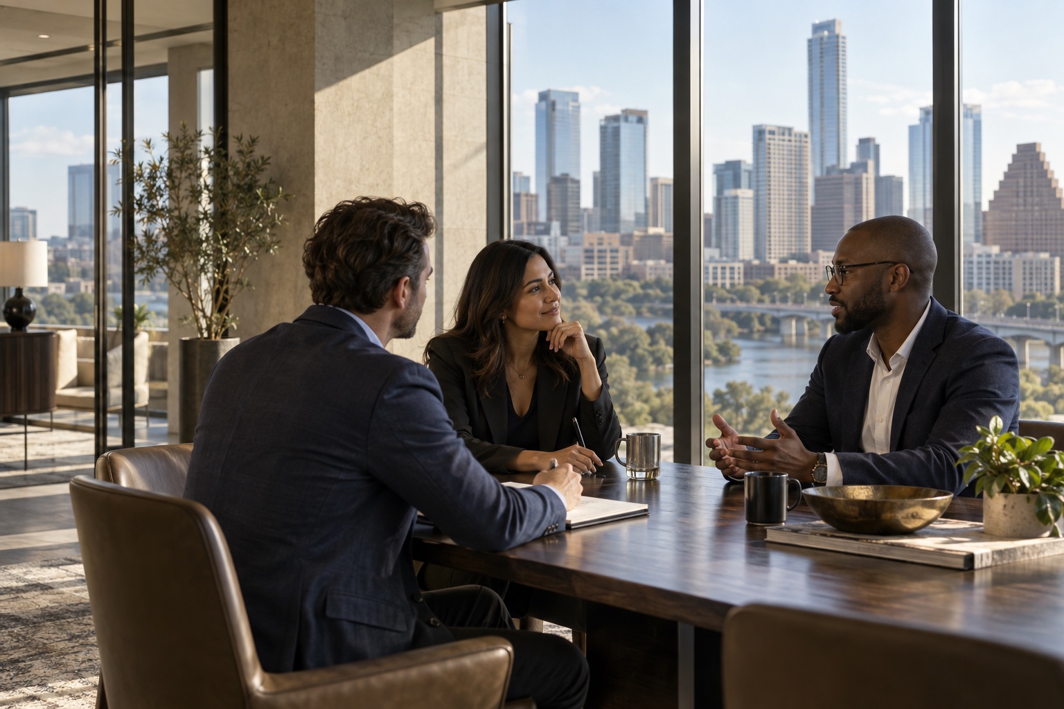 Professionals discussing ideas around a table in a modern office
